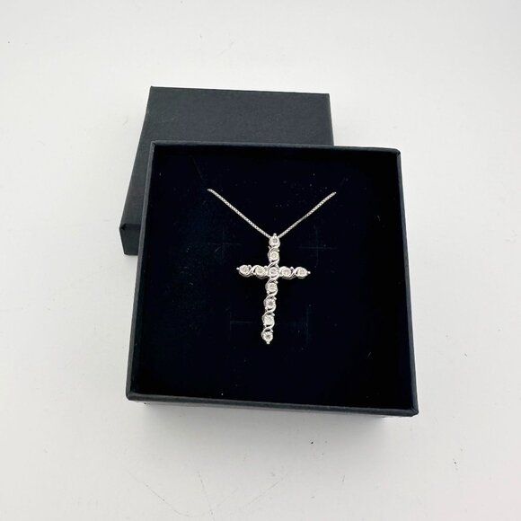 Beautiful Cross Necklace with Natural Diamonds in Illusion Setting and 18" Sterl - Picture 10 of 10